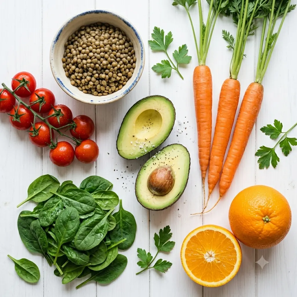 Fruits, légumes frais, avocat et lentilles pour une alimentation variée