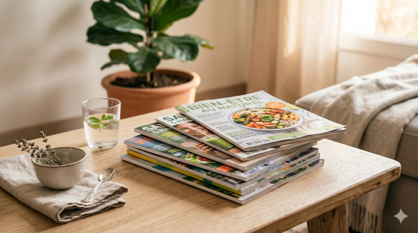 Pile de magazines de bien-être et nutrition illustrant les régimes à la mode