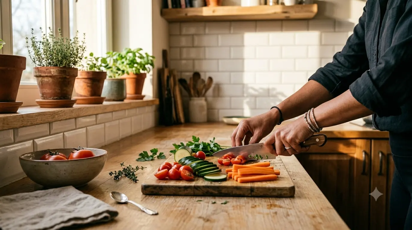 Préparation de légumes frais dans une cuisine pour adopter des habitudes alimentaires simples
