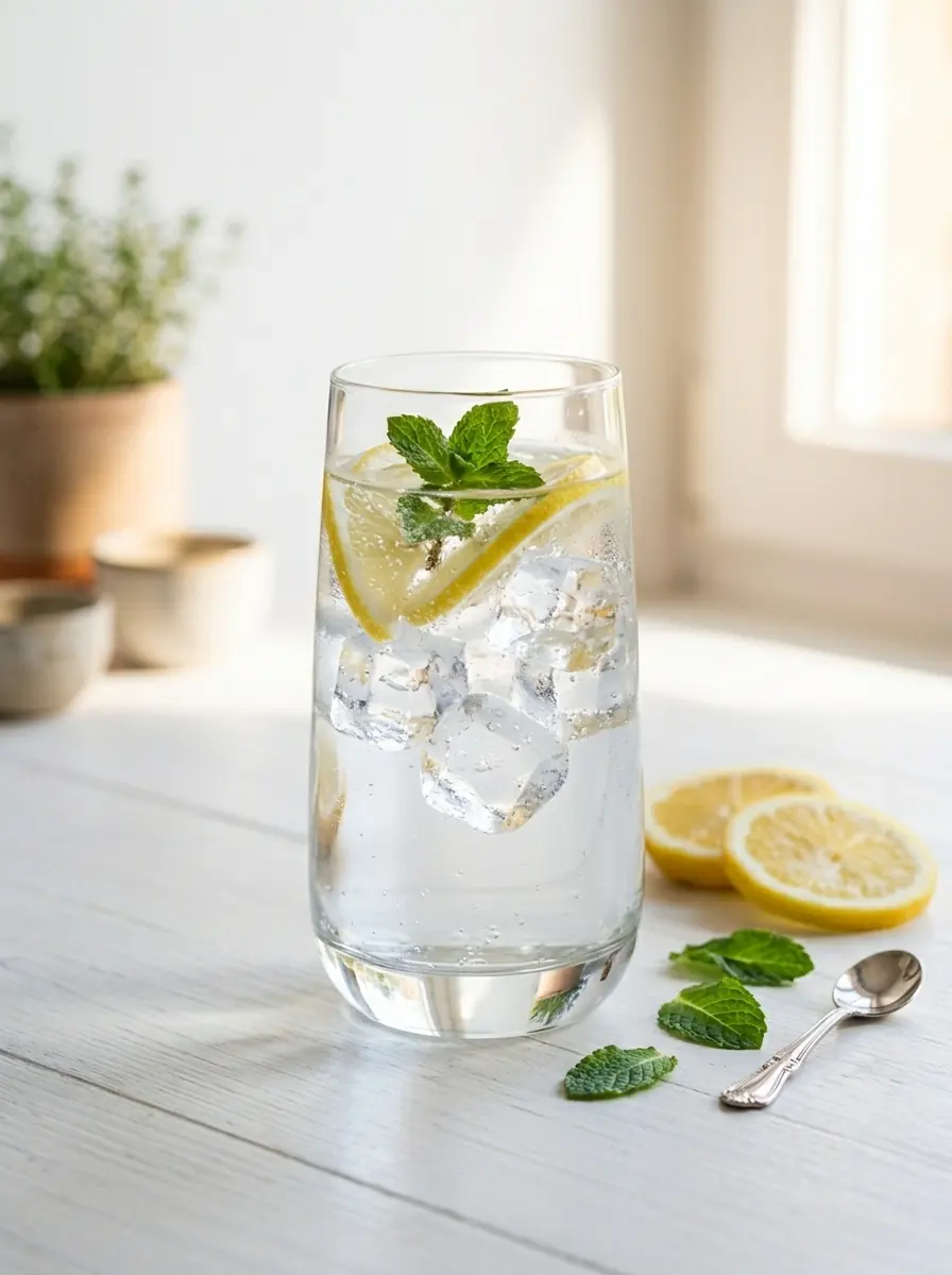 Verre d'eau avec citron, menthe et glaçons pour rappeler l'importance de l'hydratation