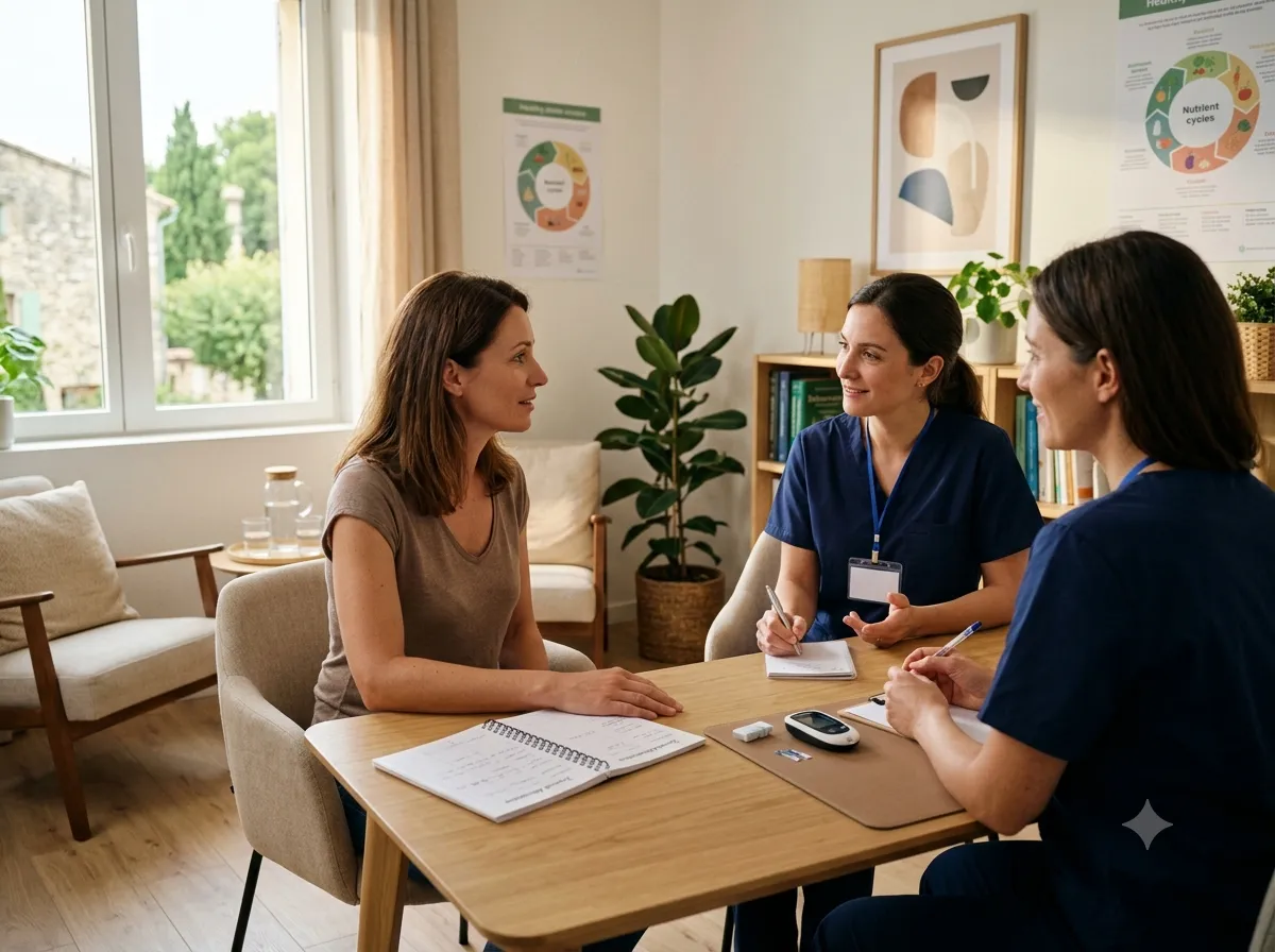 Consultation de diététique : une patiente échange avec deux professionnelles de santé, carnet alimentaire et glucomètre sur la table