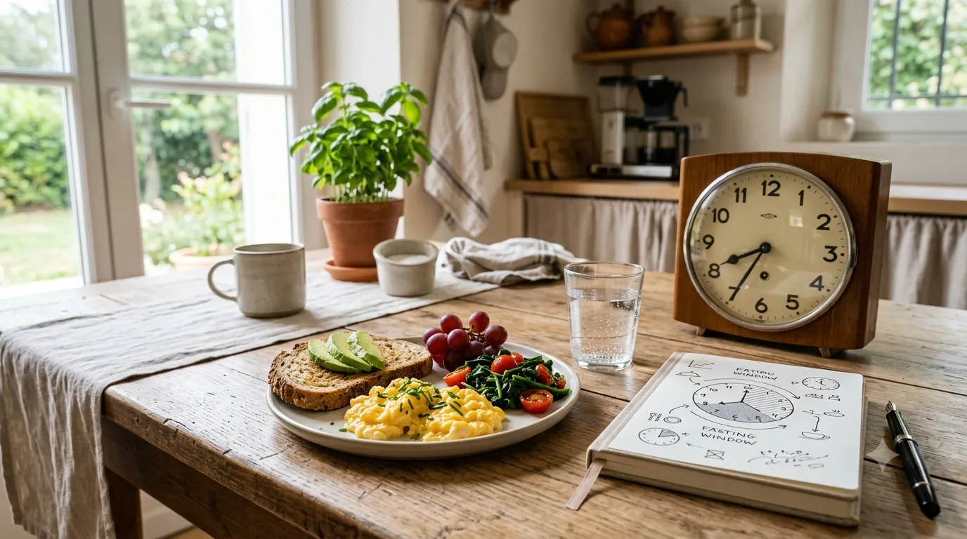 Table de cuisine avec une horloge, un petit-déjeuner équilibré (œufs, pain complet, légumes), un verre d'eau et un carnet illustrant la fenêtre alimentaire