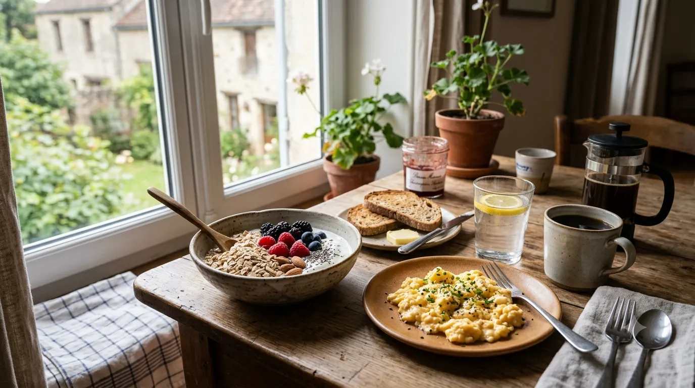 Premier repas après le jeûne : bol de skyr avec flocons d'avoine et fruits rouges, œufs brouillés, pain complet, eau et café noir