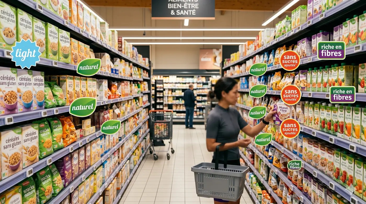 Rayon de supermarché montrant des allégations marketing comme light, naturel et riche en fibres