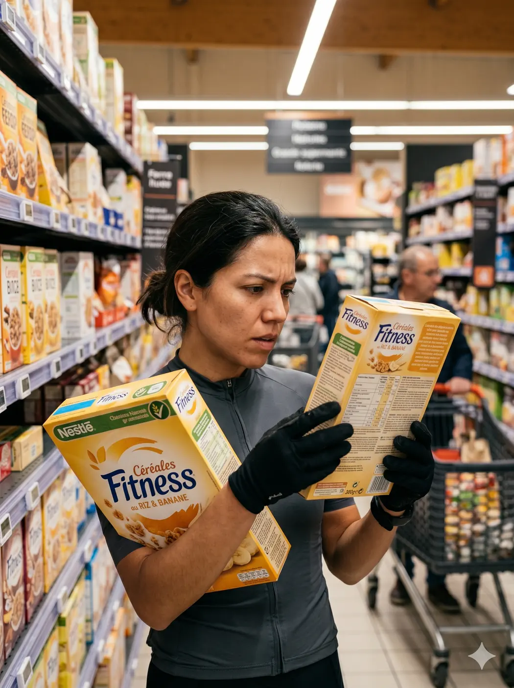 Personne comparant les étiquettes nutritionnelles de deux boîtes de céréales en supermarché
