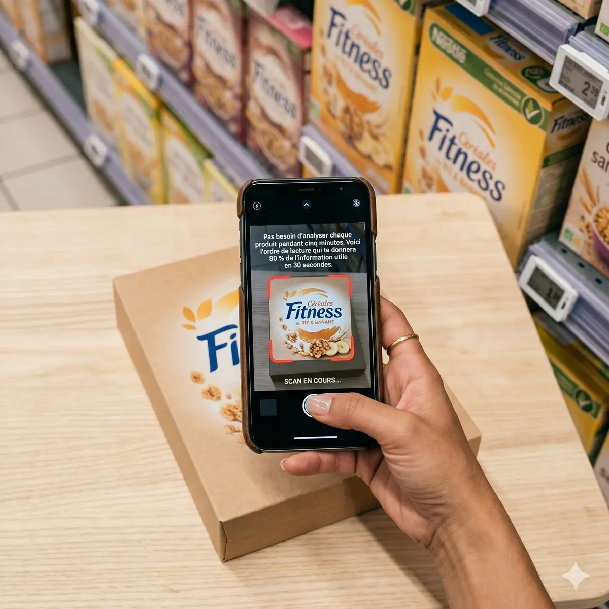 Smartphone scannant une boîte de céréales pour lire son étiquette nutritionnelle