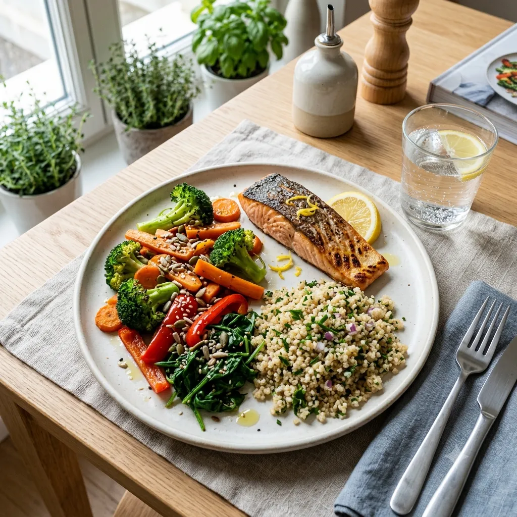 Assiette micronutritionnelle complète vue de dessus : légumes colorés, saumon grillé, quinoa, graines, huile d'olive et citron