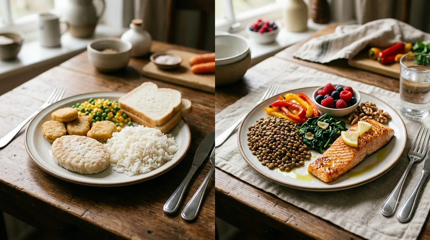 Deux assiettes aux mêmes macros : à gauche une assiette pauvre en couleur, à droite une assiette riche en micronutriments avec saumon, lentilles et légumes