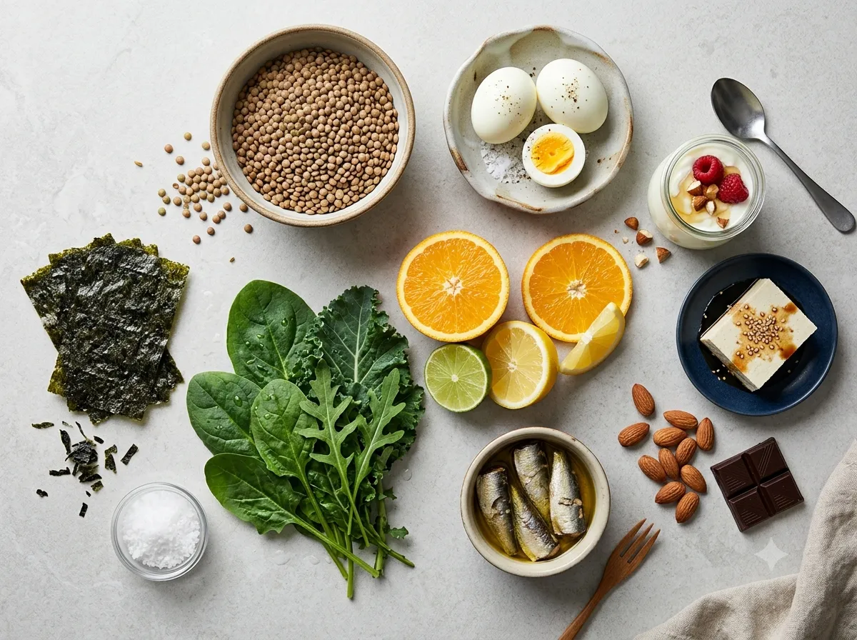 Sources naturelles de micronutriments : lentilles, sardines, œufs, yaourt, tofu, amandes, chocolat noir, algue nori, légumes verts et agrumes
